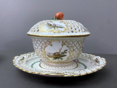 RARE Meissen Reticulated lidded tureen w/ Underplate   19th C, Waterside Scenes