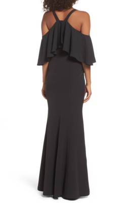 JAY GODFREY Black Flutter Chiffon Overlay Cold Shoulder Maxi Gown Dress 6  US S | eBay