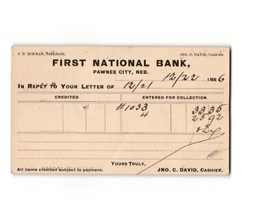 1886 Pawnee City Nebraska Postal Card 1¢ Jefferson Banking Transaction Rare