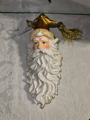 Santa Face Long Beard Christmas Ornament Resin 6'' long 2 sided detailing 