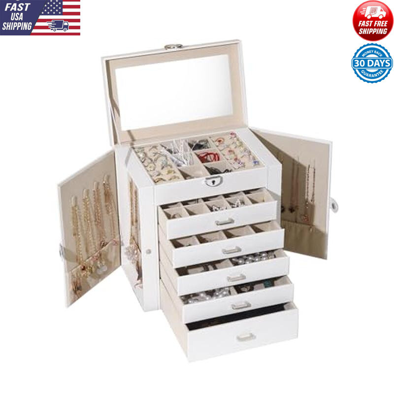 Jewelry Box Organizer W/ 5 Drawers Mirror Lockable Storage 6-Layer Design New-image