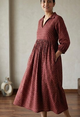Red Floral Hand Block Print Oversized Midi Dress Indian Bohemian Cotton Dress