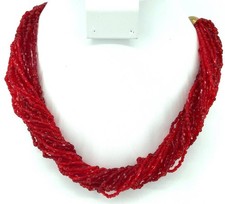 Vintage Red Glass Seed Bead Multi Strand Choker Necklace Gold Tone Boho Bib