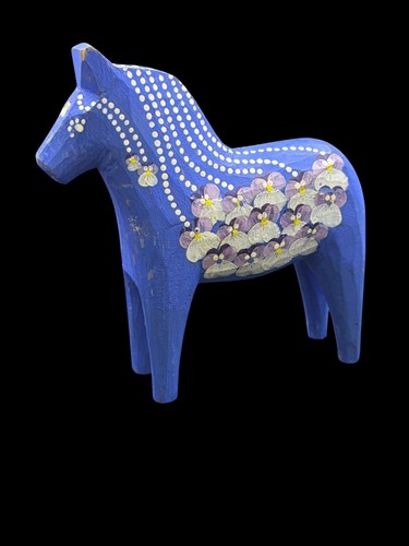 Vintage Swedish Dala Horse Blue Hand Painted Nybro Sweden Folk Art Wood Figure