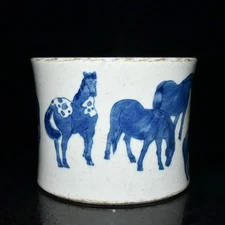 7.8'' Collectable Art Chinese Blue White Porcelain Horse Brush Pot