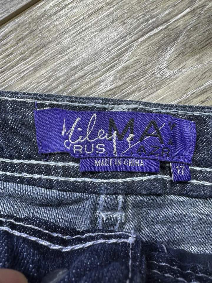 "Pantalones Cortos Miley Cyrus Talla 17 Azul Denim Elastizados Azul Oscuro Dobladillo Crudo Mujer 35"" Cintura" Foto 3 de 4