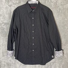 Robert Graham Shirt Mens L Flip Cuffs Black Paisley Print Long Sleeve Button Up