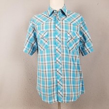 Wrangler Shirt Mens XL Blue Plaid Western Pearl Snap Short Sleeve Casual Cowboy