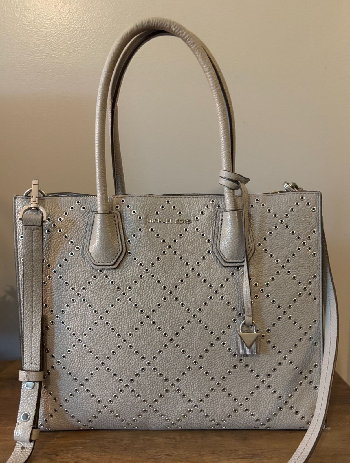 Michael Kors Mercer Large Studded Tote Pearl Gray Leather Convertible Bag