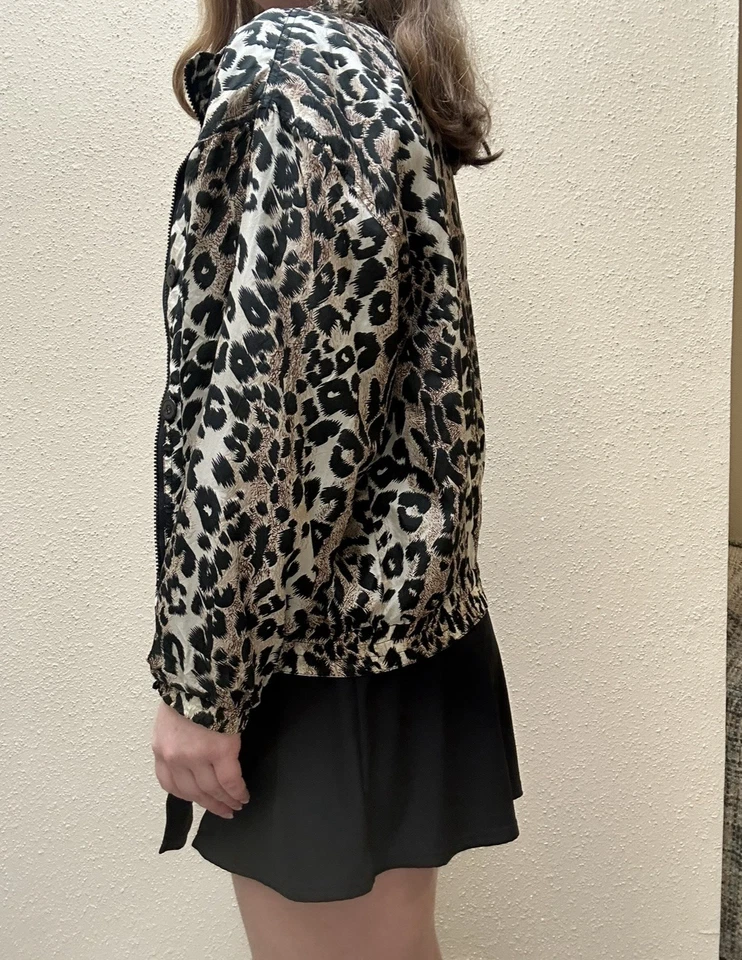 Chaqueta Bomber Grande Vintage Años 80/90 100% Seda Lavable Guepardo Leopardo Cremallera Completa Foto 3 de 4