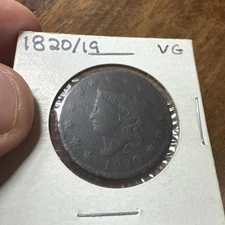 1820/19 CORONET HEAD LARGE CENT VERY GOOD+  ACTUAL COIN