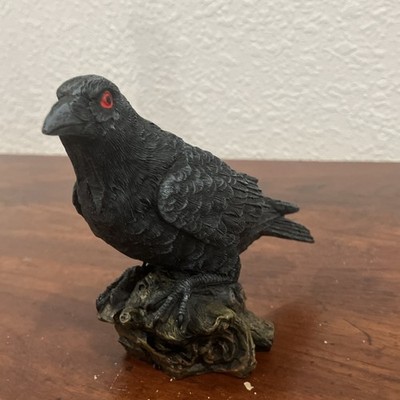 Resin Raven Bird Figurine Black with Red Eyes Collectible Sculpture