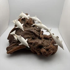 Vintage John Perry 8 Dolphin Porpoise Pod Family Burl Wood Sculpture 