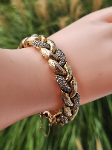 Bracciale vintage firmato CINER strass trasparenti incrostati tono oro intrecciato 7,25" - Foto 4 di 20