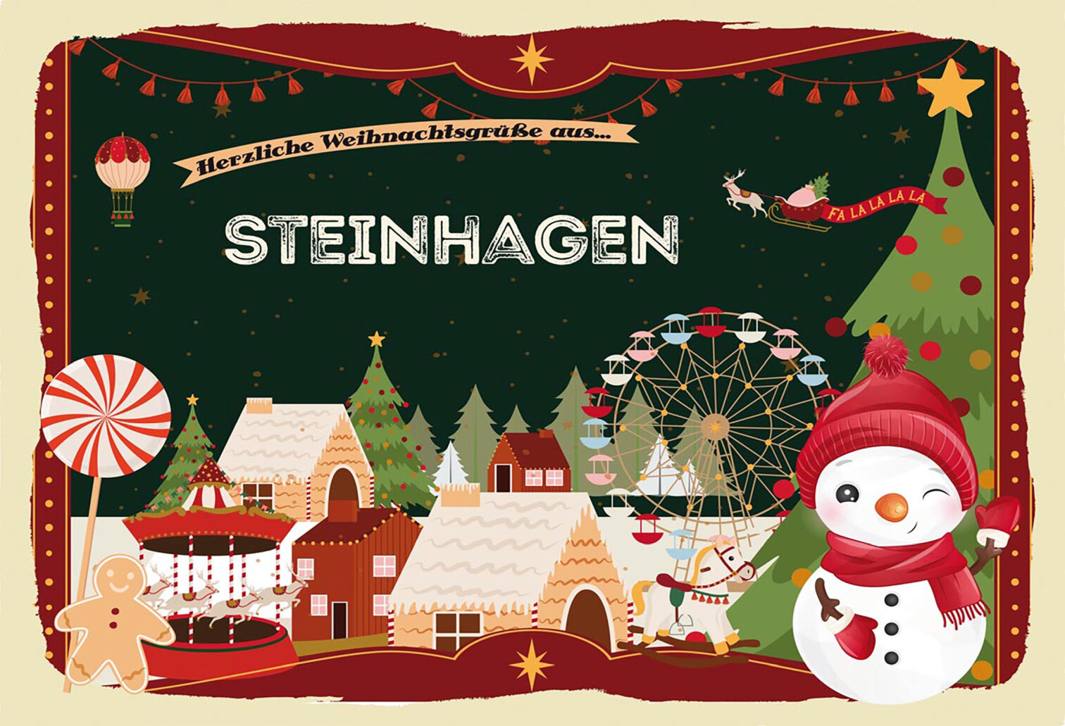 Schild Spruch Herzliche Weihnachtsgrüße aus Steinhagen Comic Schneemann JW