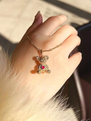18K Gold 3D Bear Pendant Love Heart Ruby, 18K Gold Teddy Bear Pendant, Gold Bear