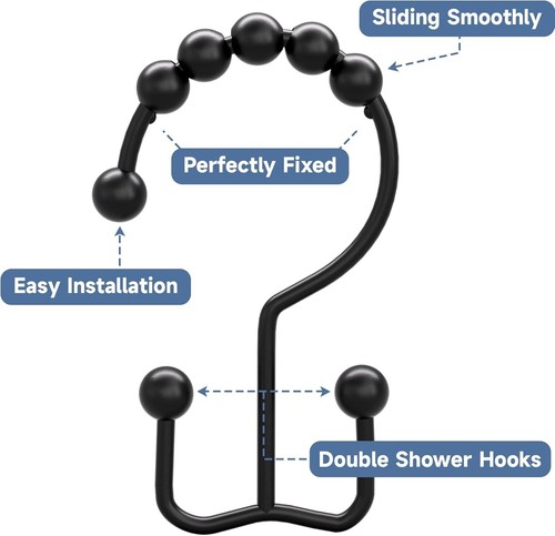 Titanker Black Shower Curtain Hooks Rings, Rust-Resistant Metal Double Glide Sho - Picture 5 of 8