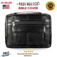 Black Genuine Leather Bible Book Cover Case Zippered Organizer w/ Handle