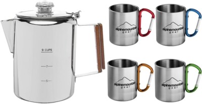 COLETTI 9-Cup Coffee Percolator Set with 4 Mugs - Pure Stainless Steel Black, OB