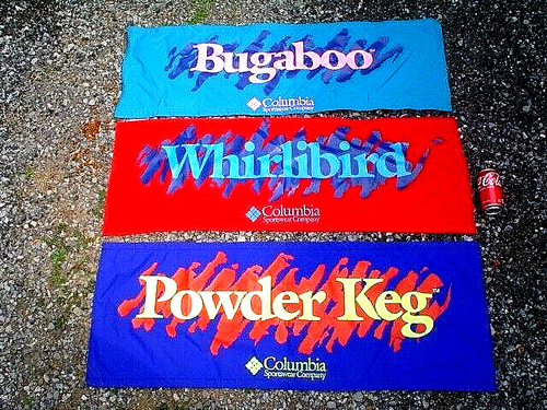 VTG 1990s COLUMBIA SPORTSWEAR BUGABOO,WHIRLIBIRD,POWDER KEG NYLON STORE BANNERS