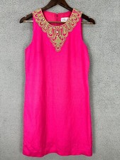 Eliza J Pink Sleeveless Sheath Dress Women 4 Gold Embroidered Linen Blend Resort