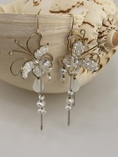 Bridal Earrings Hook Dangle 4  Pearls, Beads, w/ Butterfly Design gold tone