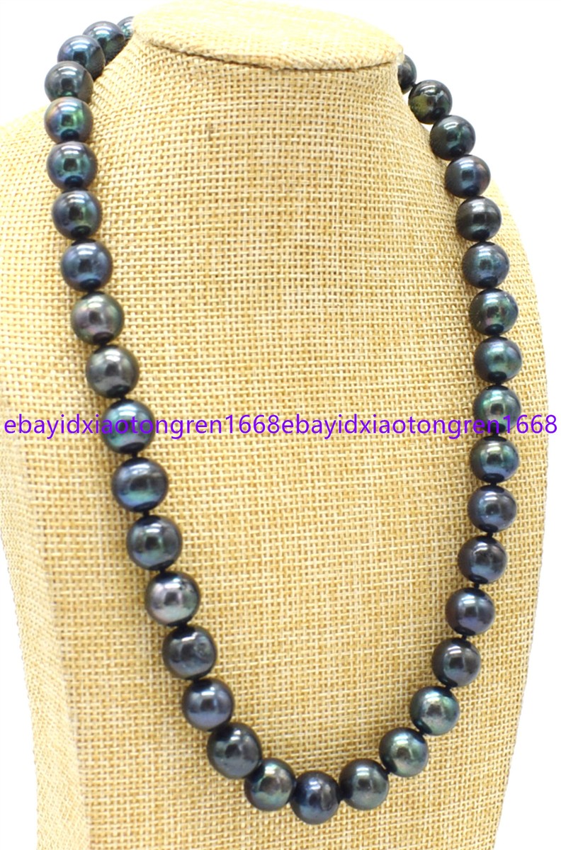 18-Inch Natural Tahitian Rice Black Pearl Necklace - 9-10mm Baroque Pearls, Silver Plated