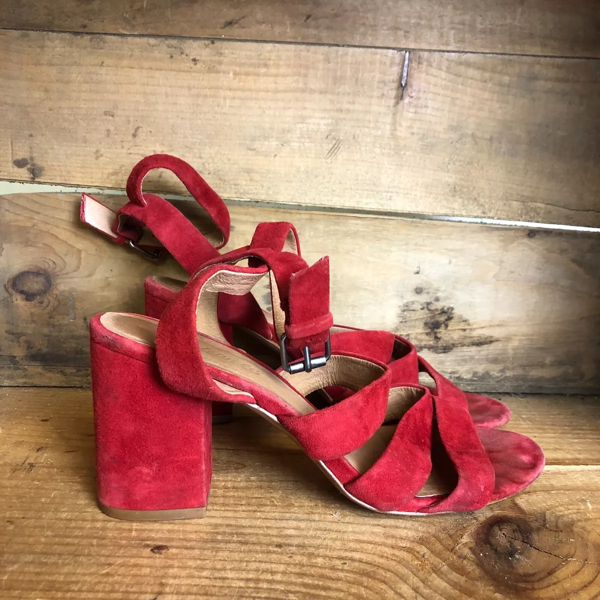 Madewell Shoes Women s 7.5 Red Suede Event Block Heels Open Toe Strappy Sandals