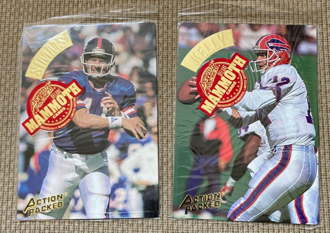1994 ACTION PACKED MAMMOTH FOOTBALL CARDS PHIL SIMMS & JIM KELLY NEW IN PACKAGE