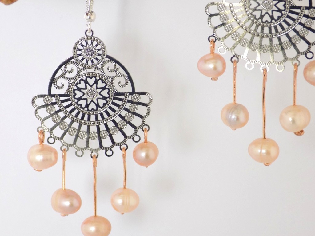 Boucles d'oreilles éventail en argent et nacre pêche naturelle d'exception