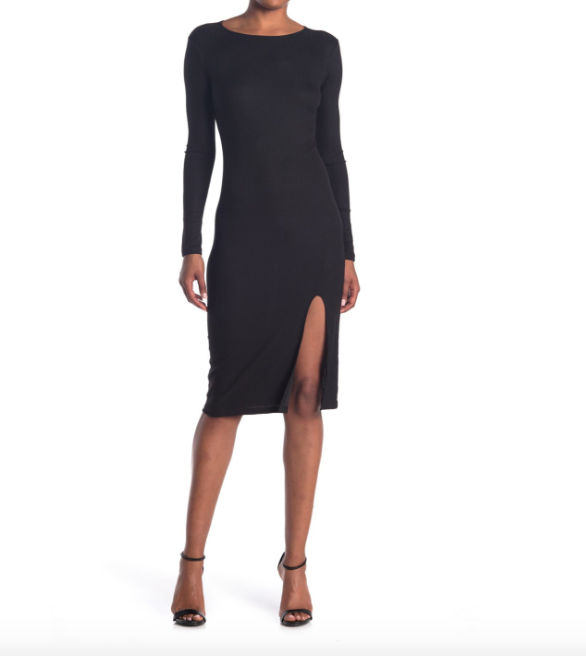 abound black dress NEW $148 Rib Knit Long Sleeve With Slit XL M-Nylon11
