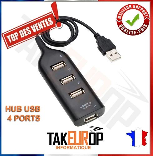 Multiprise Hub Adaptateur 4 Ports USB 2.0 Noir - Neuf Adaptator hub usb 4 ports