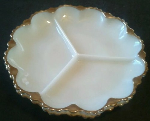 2 Milk Glass Divided Relish Candy Dishes gold lace style trim Vtg Serving Tray - Picture 1 of 7