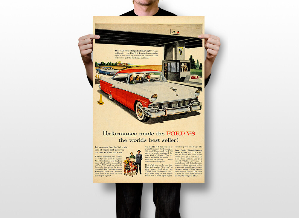 Ford V8 Car Advertising Original Vintage Wall Art Home Decor