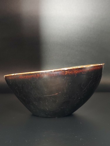 Antique Japanese Edo Porcelain Cafe Au Lait Glazed Pottery Slanted Wine Bowl - Picture 8 of 12