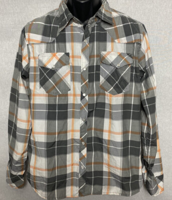 Reclaim Men's Snap Up Shirt Western Size Medium Gray/White/Orange Plaid Pockets