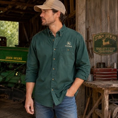 John Deere Mens XL Green Button Down Shirt Embroidered Logo Cotton Blend