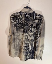 Affliction Men  s Eagle Khaki Button Up Long Sleeve Shirt Adult MEDIUM Brand New