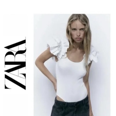 NWT Zara White Ribbed Ruffle Flutter Sleeve Bodysuit Size L
