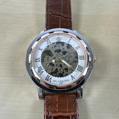 MG.Orkina KC023 Men s Skeleton Mechanical Hand Wind Watch Leather Band Runs