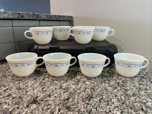Vintage Pyrex Morning Blue Floral Coffee / Tea Cups, 9oz. Set of 8