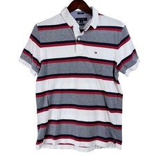 Tommy Hilfiger Mens Red White Blue Striped Slim Fit Stretch Polo Shirt Large
