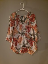Chaps White Orange Green Floral Tunic V-Neck 3/4 Sleeve Blouse Women's M