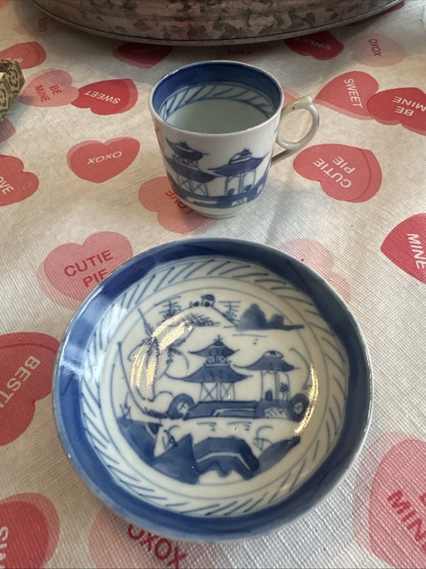 Antique 19th Century Canton Chinese Export Porcelain Cup Saucer Blue White