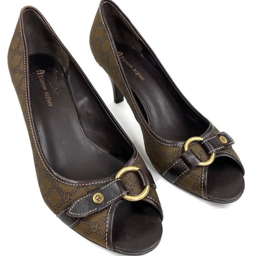 Tacones Etienne Aigner COPA Peep Toe firma adornados marrón para mujer talla 8M - Imagen 6 de 11