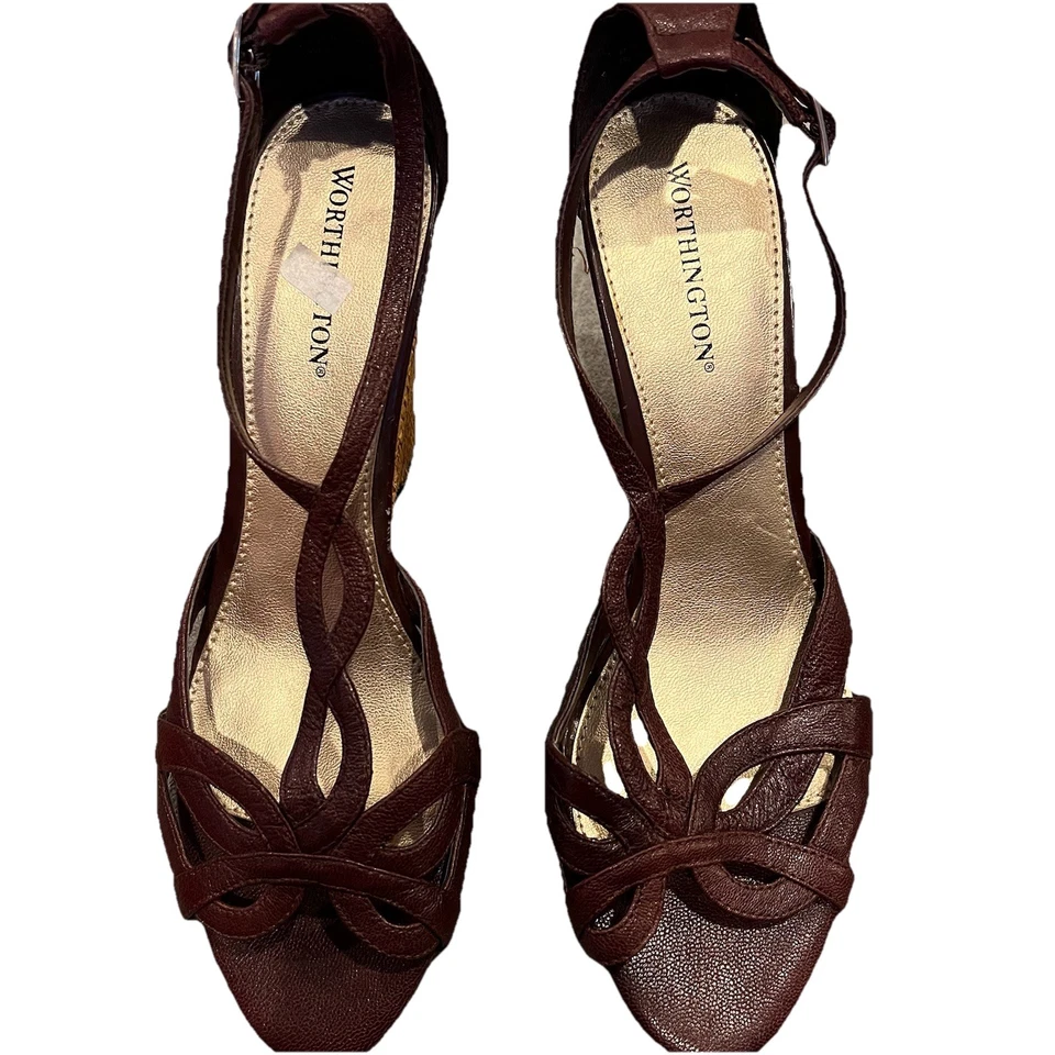 Worthington- Burgundy- Size 8- Sandals/ Wedges- With Canvas Wedge- Ankle Straps - Image 2 of 4