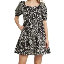 Who What Wear Leopard Print Dress Babydoll Tiered Puff Sleeve Boho Womens S