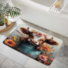 Cute Calf Bath Mat Highland Cow Farm Animal Farmhouse Western Cattle Bull Rus...