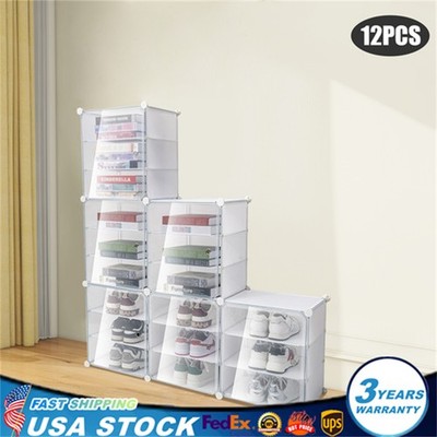 12Pcs Shoe Organizer Boxes,White Plastic Stackable Shoe Storage Bin,Space Saving