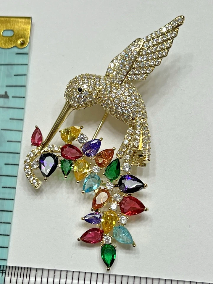Хрустальные стразы колибри цветок брошь винтажный птица заколка стекла розовый зеленый - Изображение 4 из 4